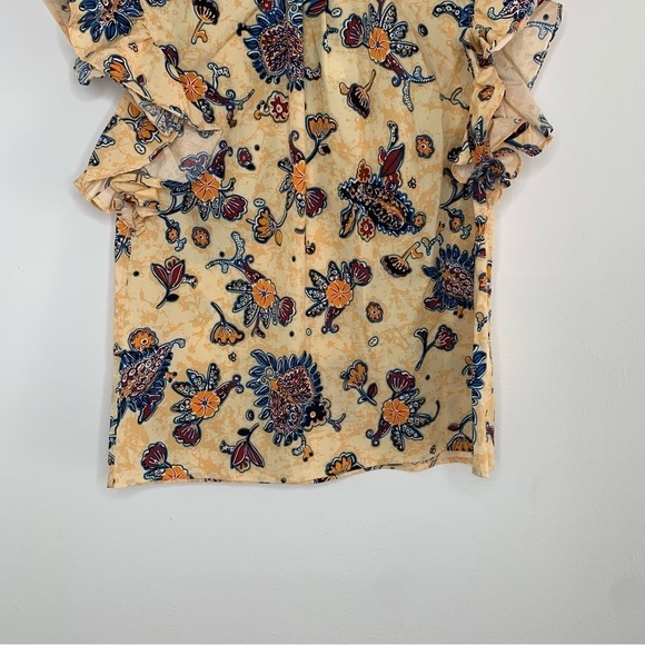 Elie Tahari Floral Ruffle Sleeve Blouse - Cream and Navy - Picture 2 of 11